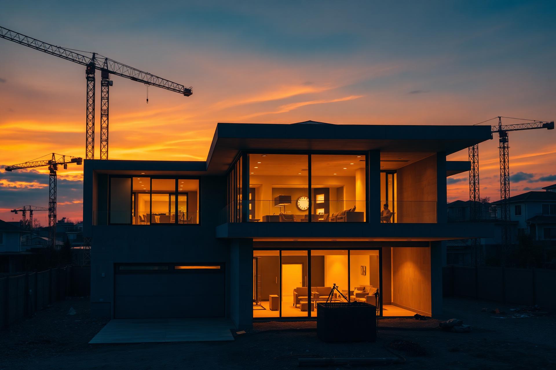 Casa moderna construída pela Planifier Construtora ao entardecer